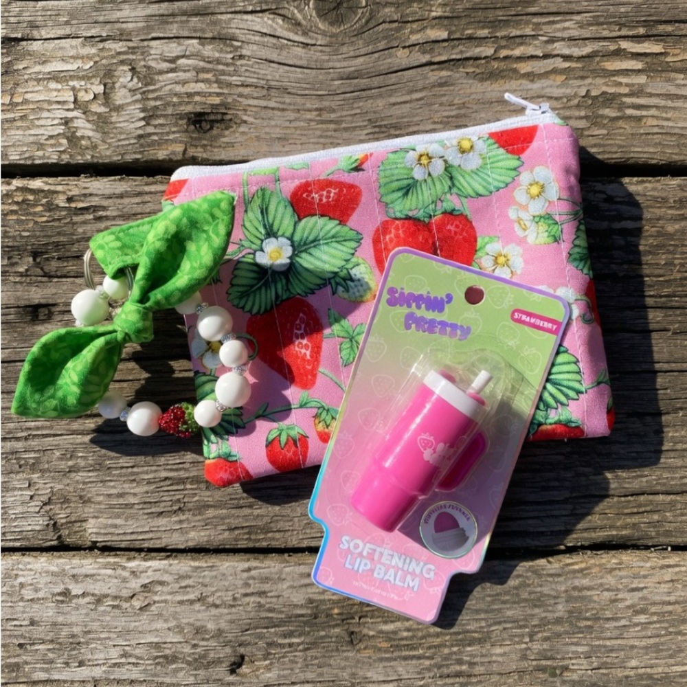 Handmade Quilted Strawberry Wristlet Bag